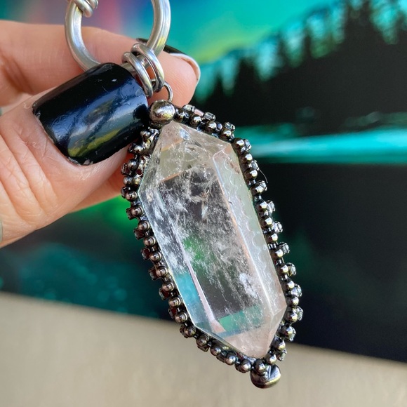 Natural Crystal quartz black electroplated boho goth stainless steel necklace - Picture 2 of 15